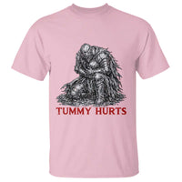 Funny Tummy Hurts Medieval Knight T Shirt Dark Fantasy Warrior Meme Graphic