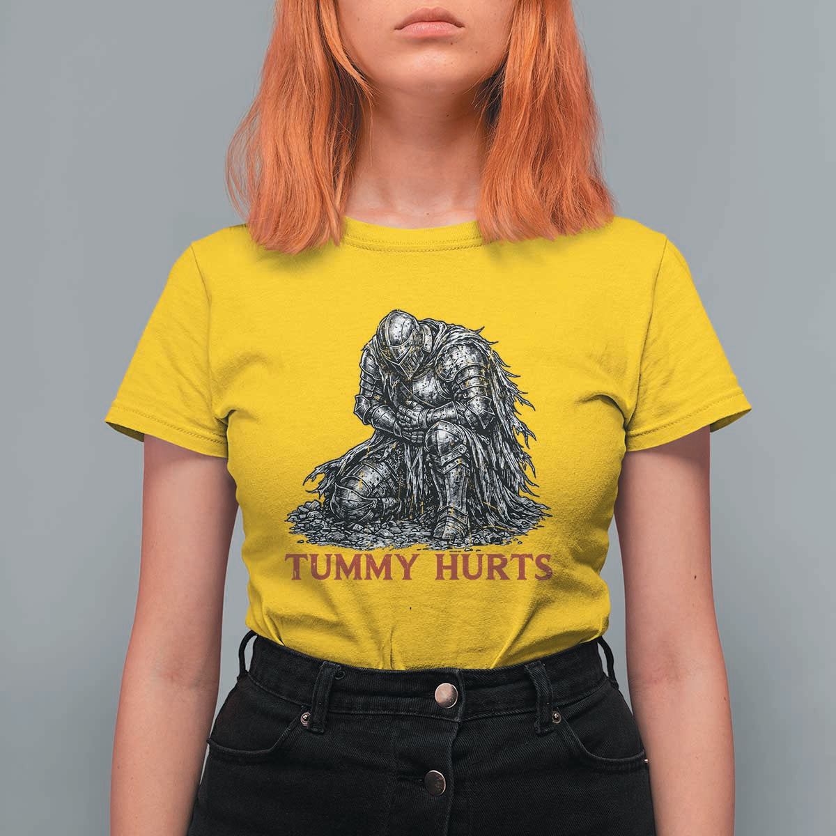 Funny Tummy Hurts Medieval Knight T Shirt For Women Dark Fantasy Warrior Meme Graphic
