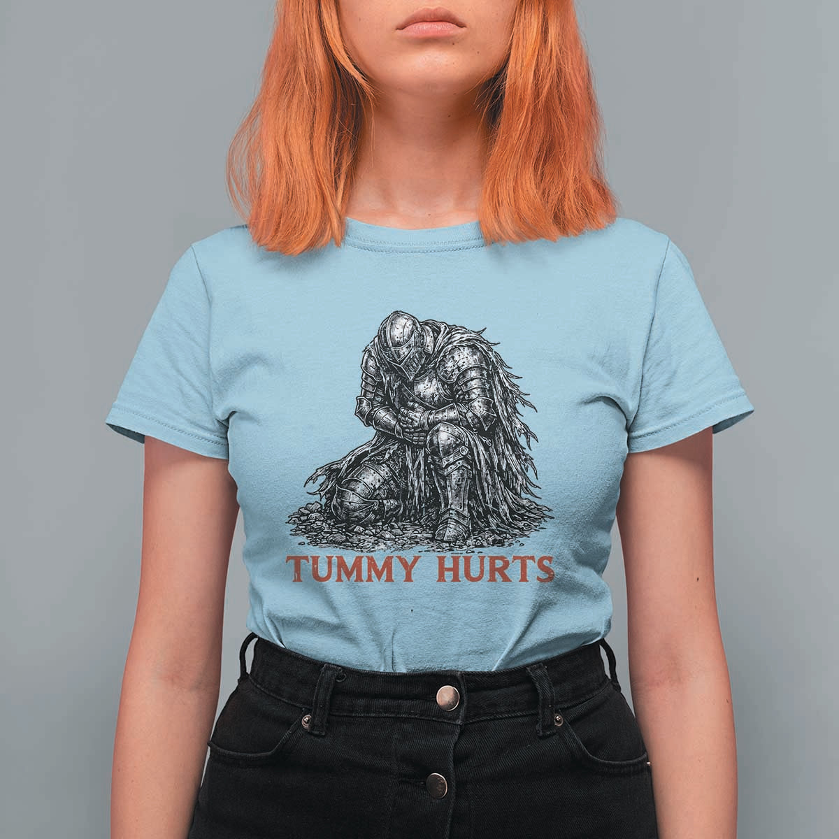 Funny Tummy Hurts Medieval Knight T Shirt For Women Dark Fantasy Warrior Meme Graphic