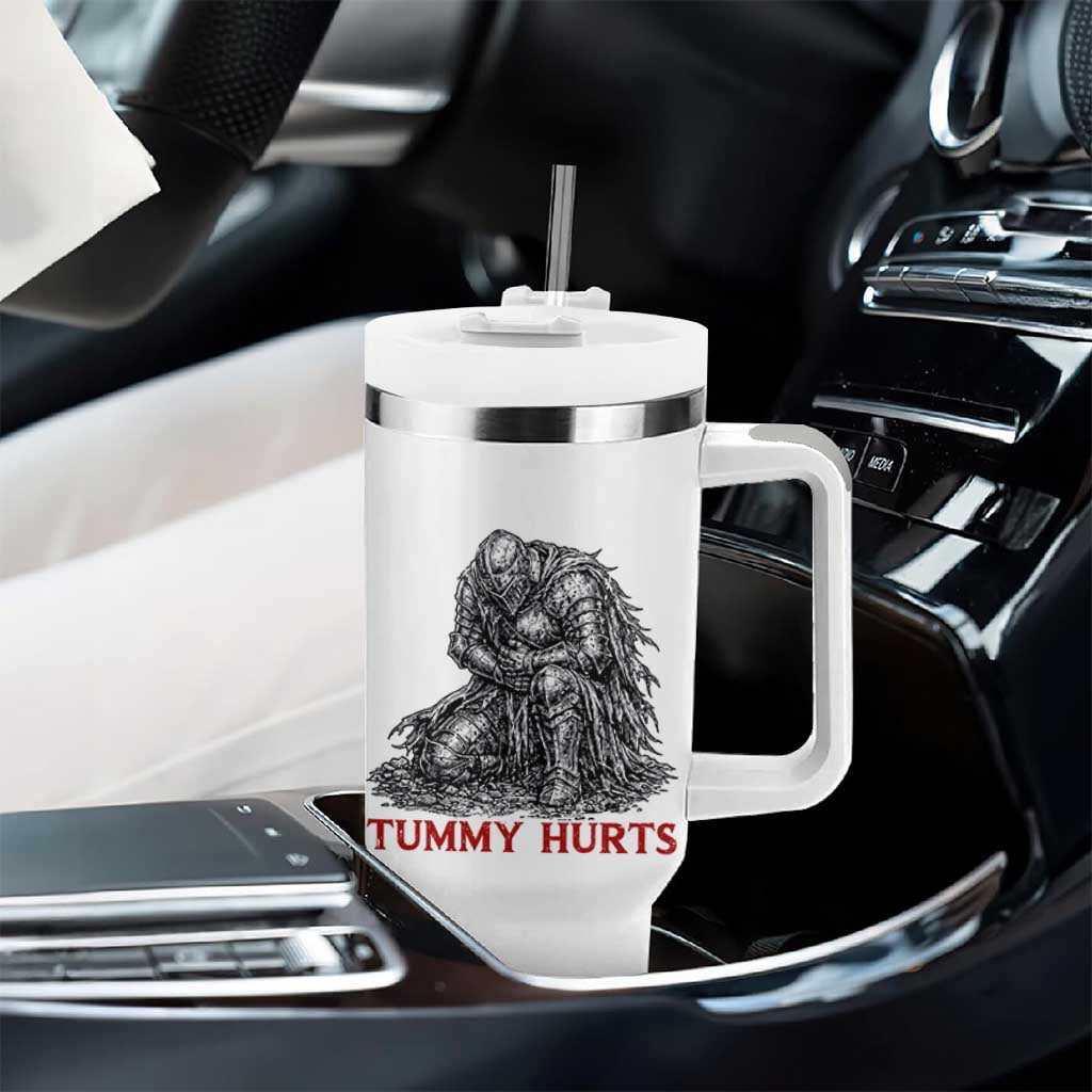 Funny Tummy Hurts Medieval Knight Tumbler With Handle Dark Fantasy Warrior Meme Graphic