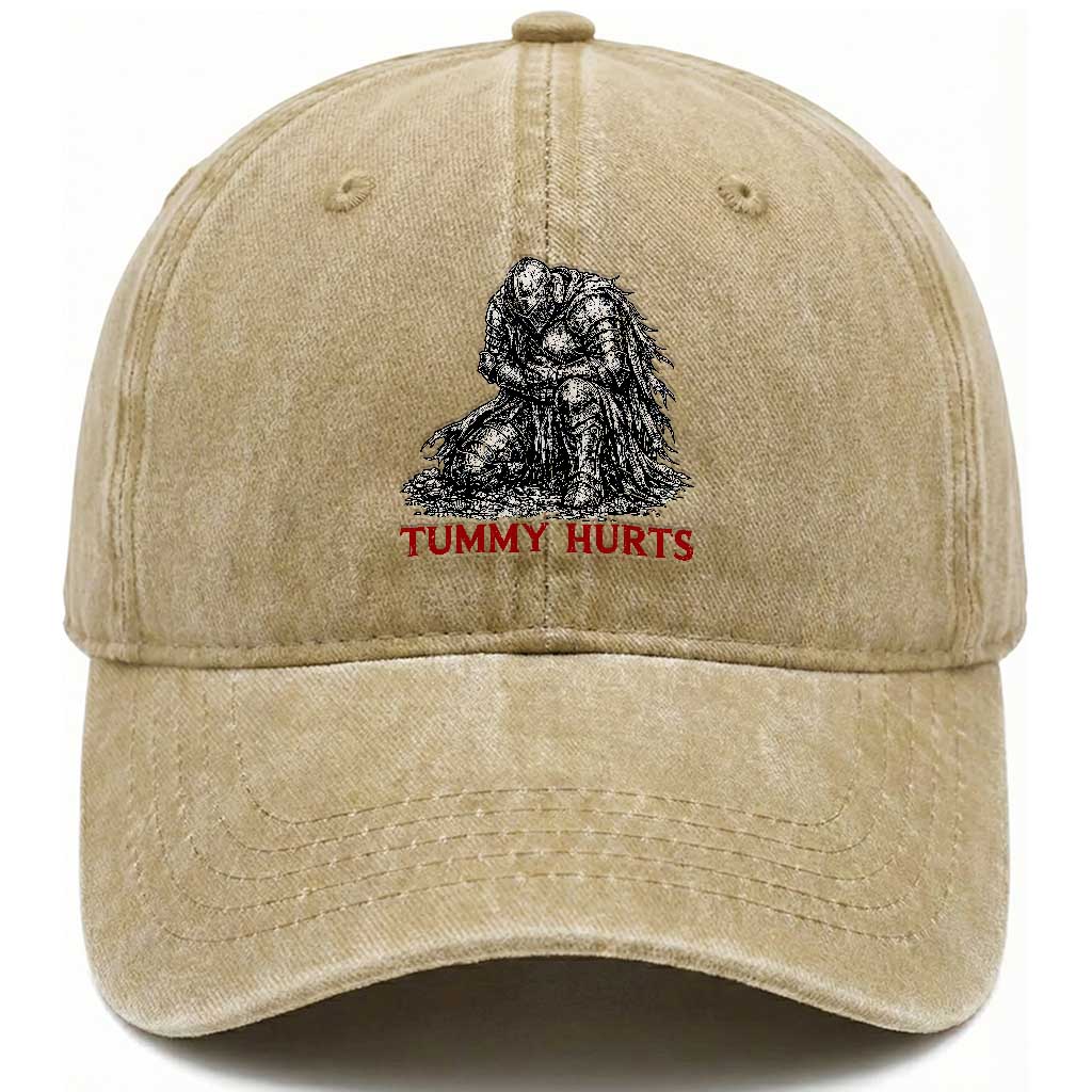 Funny Tummy Hurts Medieval Knight Washed Cotton Baseball Cap Dark Fantasy Warrior Meme Graphic