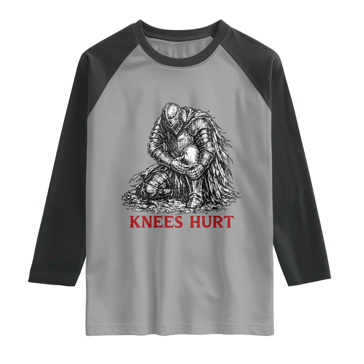 Funny Knees Hurt Medieval Knight Raglan Shirt Dark Fantasy Sword Warrior Humor