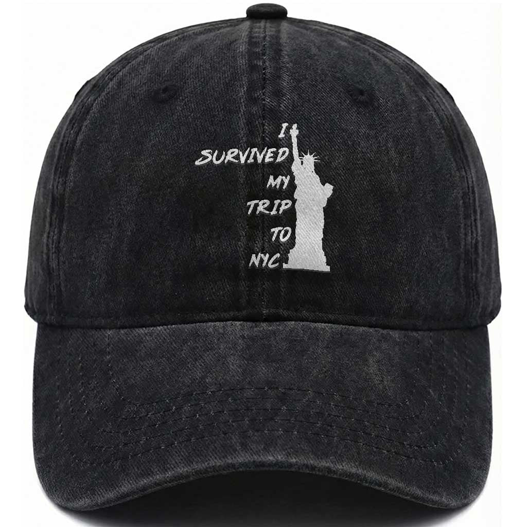 Funny New York City Travel Graphic Washed Cotton Baseball Cap I Survived My Trip To NYC