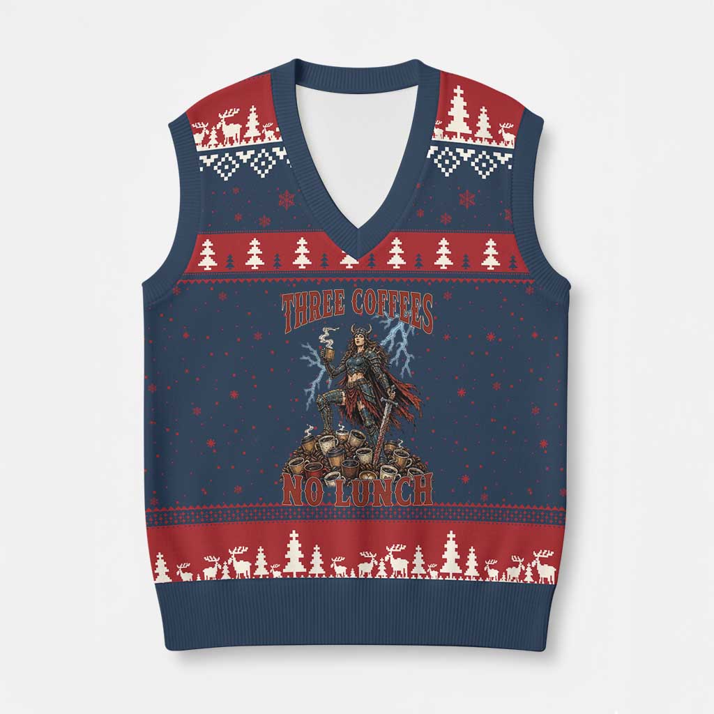 Funny Medieval Knight Worker Meme V-Neck Knit Sweater Vest Three Coffees No Lunch Valkyrie Coffee Lover