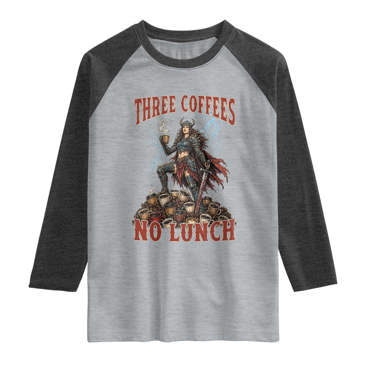 Funny Medieval Knight Worker Meme Raglan Shirt Three Coffees No Lunch Valkyrie Coffee Lover