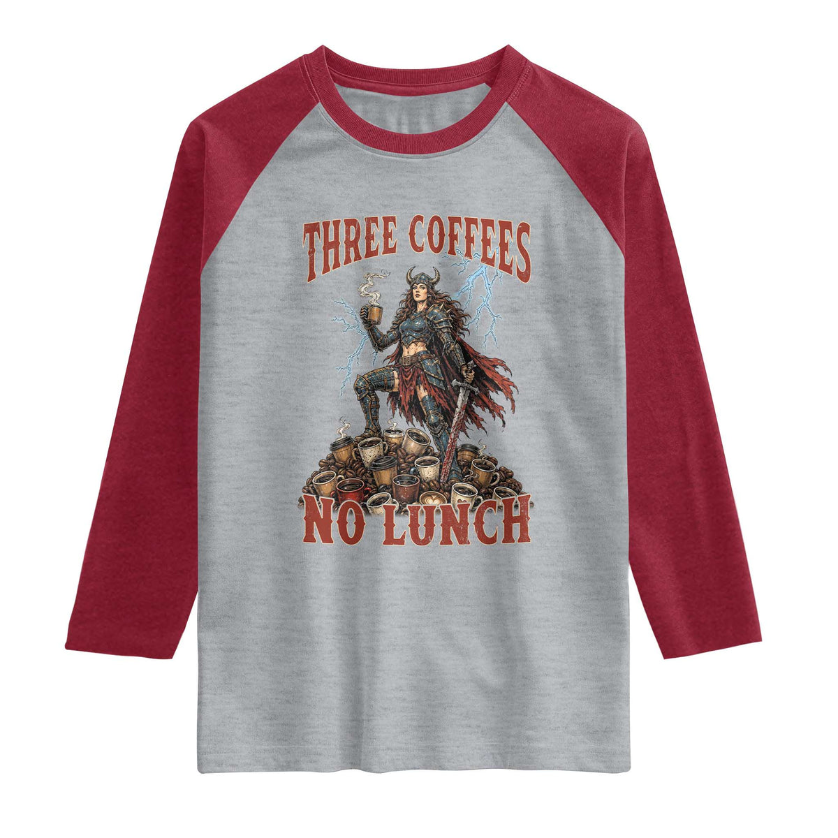 Funny Medieval Knight Worker Meme Raglan Shirt Three Coffees No Lunch Valkyrie Coffee Lover