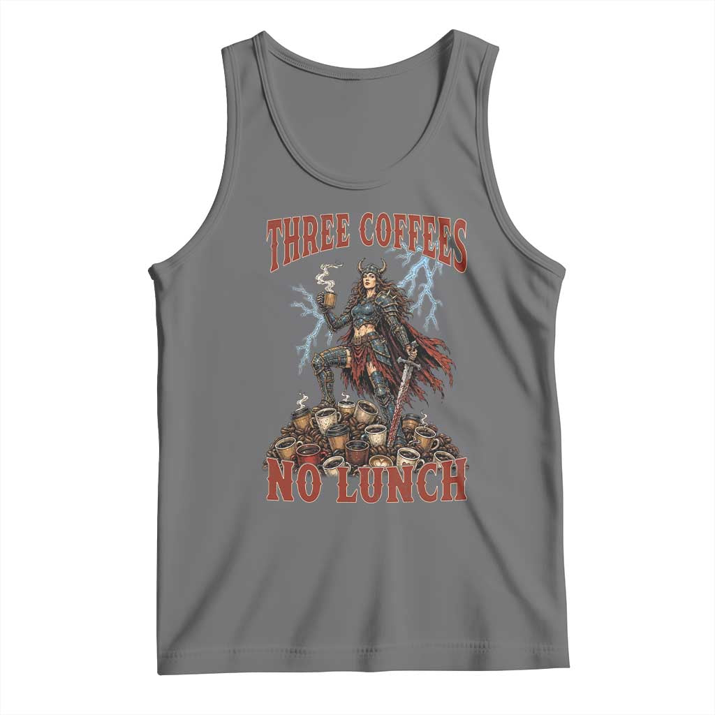 Funny Medieval Knight Worker Meme Tank Top Three Coffees No Lunch Valkyrie Coffee Lover