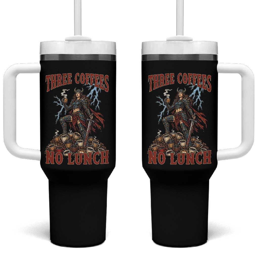Funny Medieval Knight Worker Meme Tumbler With Handle Three Coffees No Lunch Valkyrie Coffee Lover