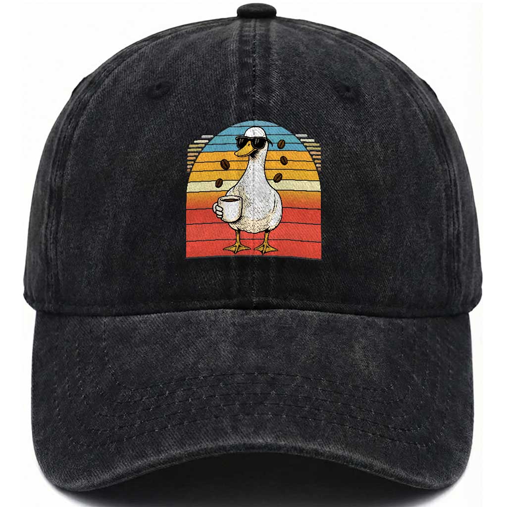 Funny Duck Drinking Washed Cotton Baseball Cap Coffee Lover Gift