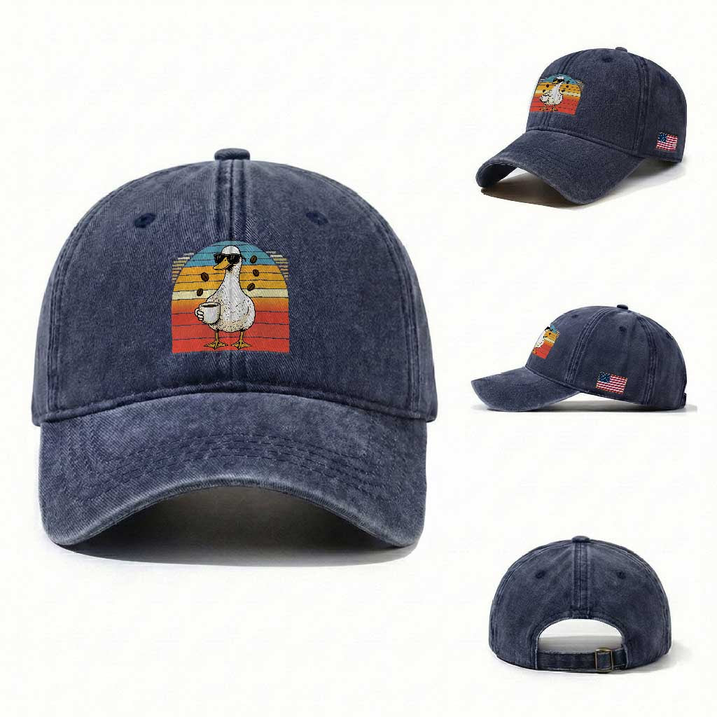 Funny Duck Drinking Washed Cotton Baseball Cap Coffee Lover Gift
