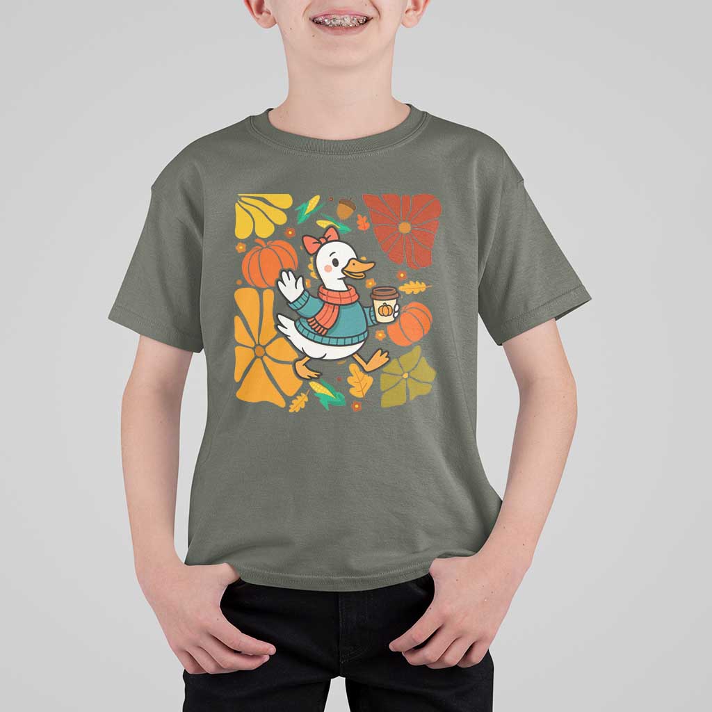 Thanksgiving Duck Lover Gift T Shirt For Kid Cute Duck Drinking Coffee - Wonder Print Shop