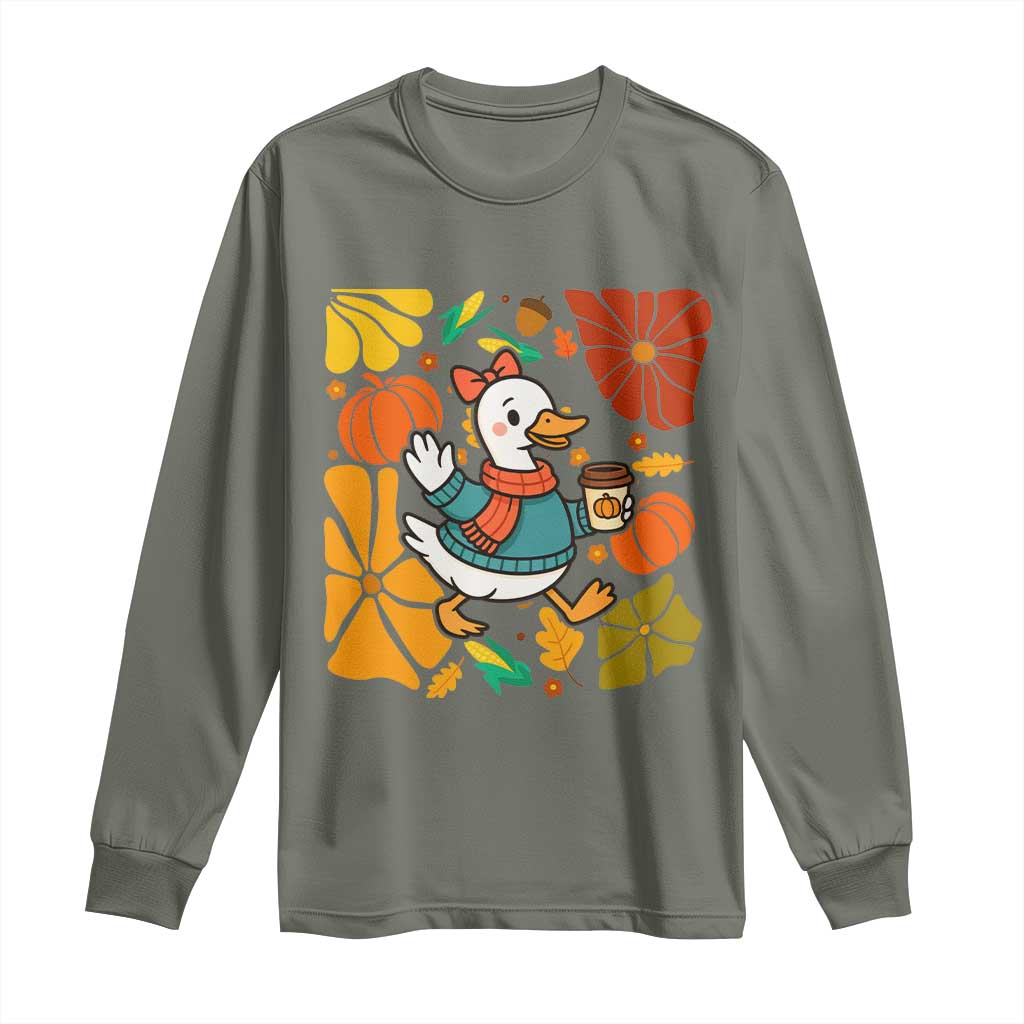 Thanksgiving Duck Lover Gift Long Sleeve Shirt Cute Duck Drinking Coffee - Wonder Print Shop