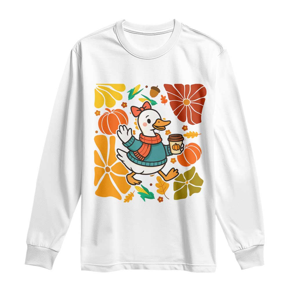 Thanksgiving Duck Lover Gift Long Sleeve Shirt Cute Duck Drinking Coffee - Wonder Print Shop