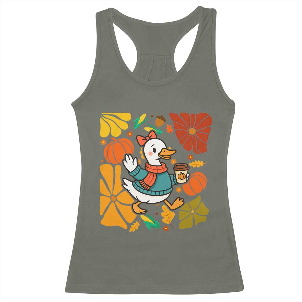 Thanksgiving Duck Lover Gift Racerback Tank Top Cute Duck Drinking Coffee - Wonder Print Shop