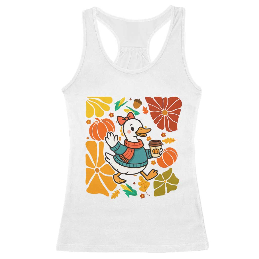 Thanksgiving Duck Lover Gift Racerback Tank Top Cute Duck Drinking Coffee - Wonder Print Shop