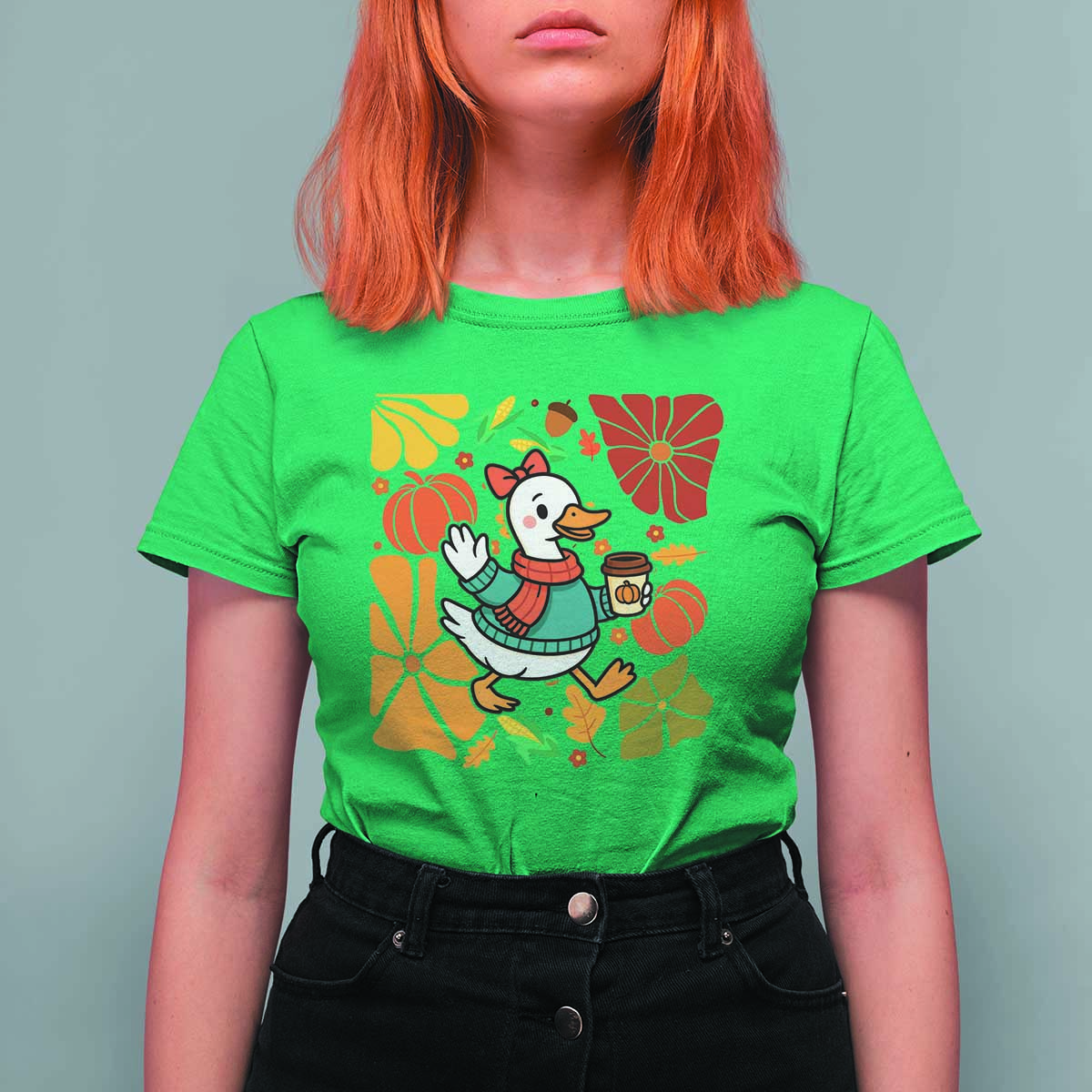 Thanksgiving Duck Lover Gift T Shirt For Women Cute Duck Drinking Coffee - Wonder Print Shop