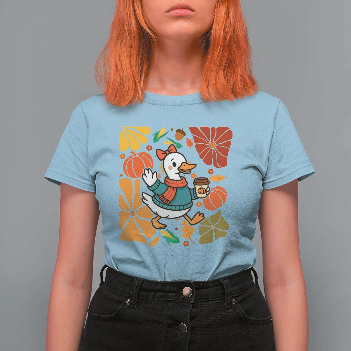 Thanksgiving Duck Lover Gift T Shirt For Women Cute Duck Drinking Coffee - Wonder Print Shop