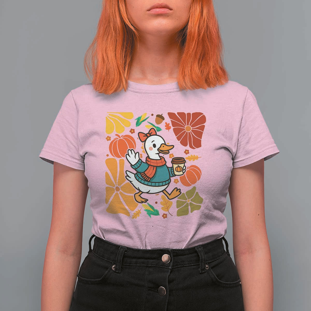 Thanksgiving Duck Lover Gift T Shirt For Women Cute Duck Drinking Coffee - Wonder Print Shop