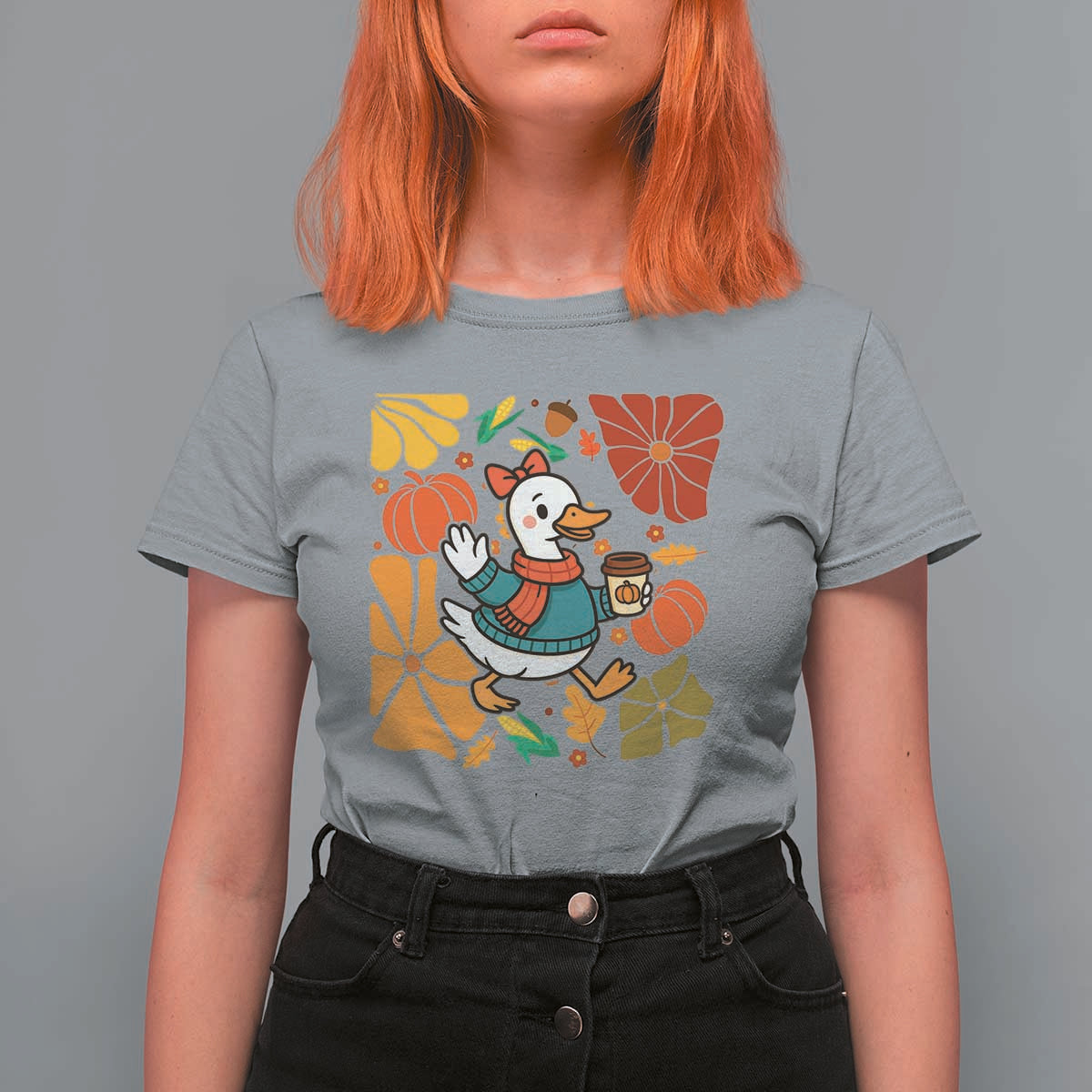 Thanksgiving Duck Lover Gift T Shirt For Women Cute Duck Drinking Coffee - Wonder Print Shop