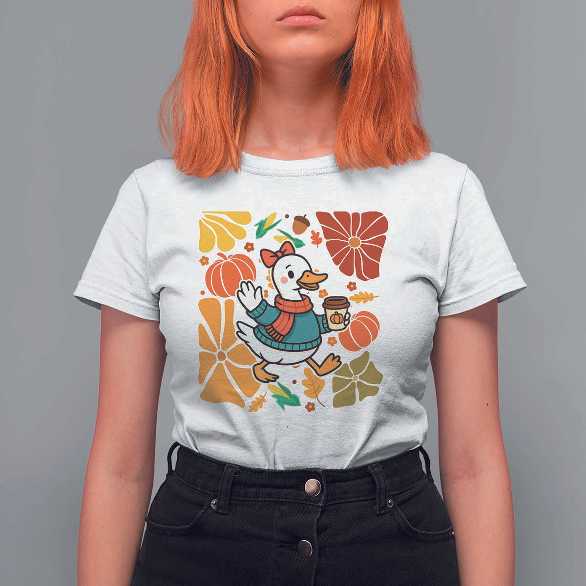 Thanksgiving Duck Lover Gift T Shirt For Women Cute Duck Drinking Coffee - Wonder Print Shop