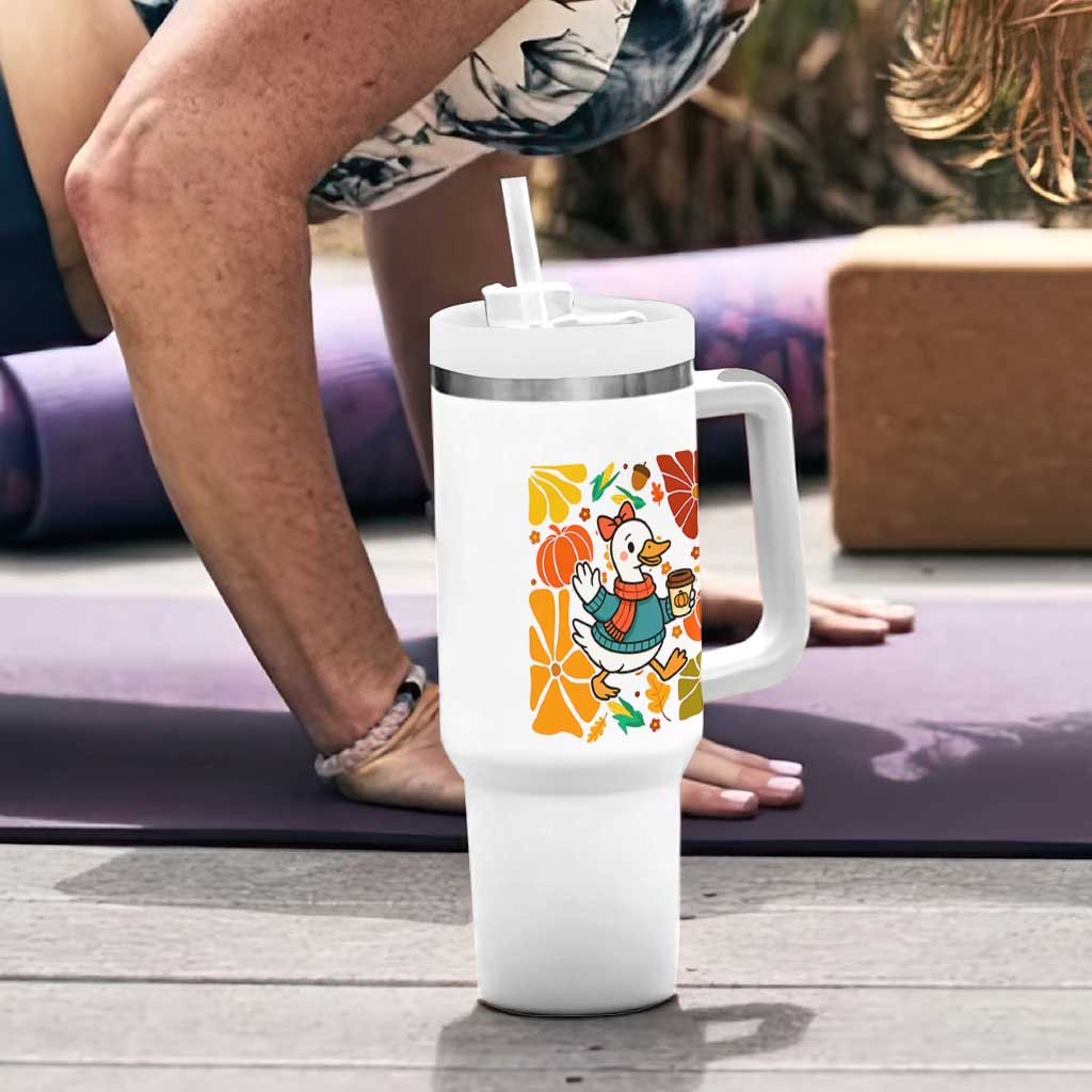 Thanksgiving Duck Lover Gift Tumbler With Handle Cute Duck Drinking Coffee