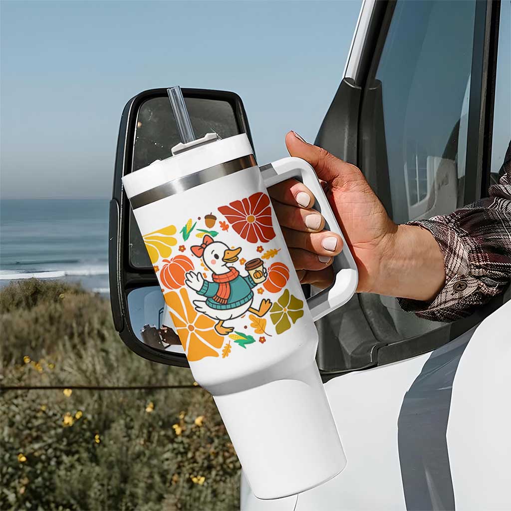 Thanksgiving Duck Lover Gift Tumbler With Handle Cute Duck Drinking Coffee