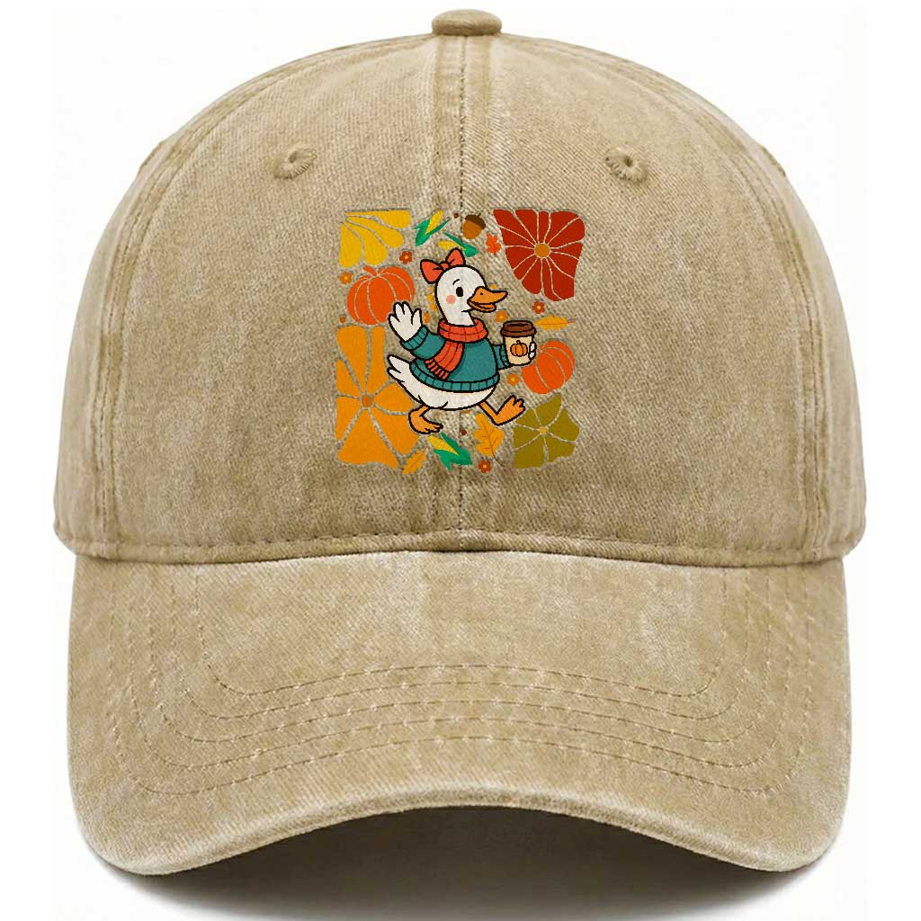 Thanksgiving Duck Lover Gift Washed Cotton Baseball Cap Cute Duck Drinking Coffee