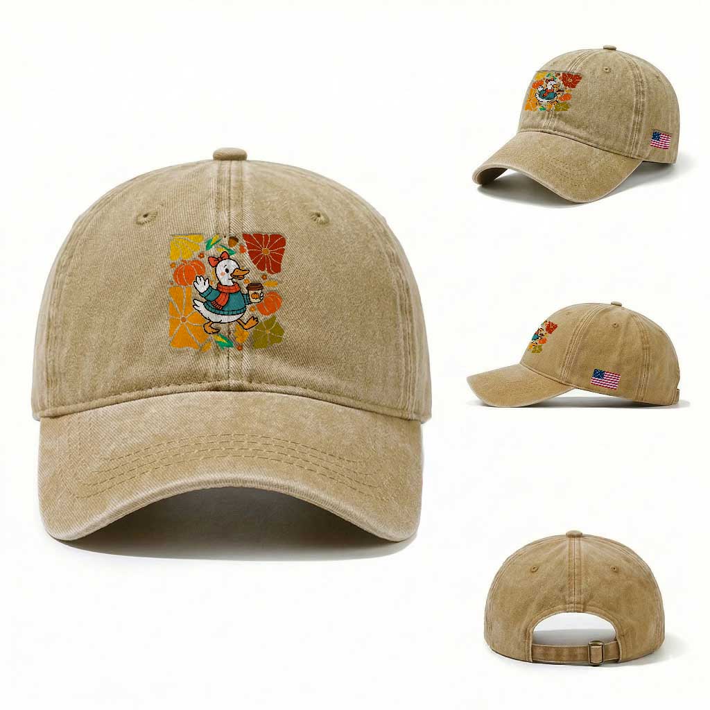 Thanksgiving Duck Lover Gift Washed Cotton Baseball Cap Cute Duck Drinking Coffee