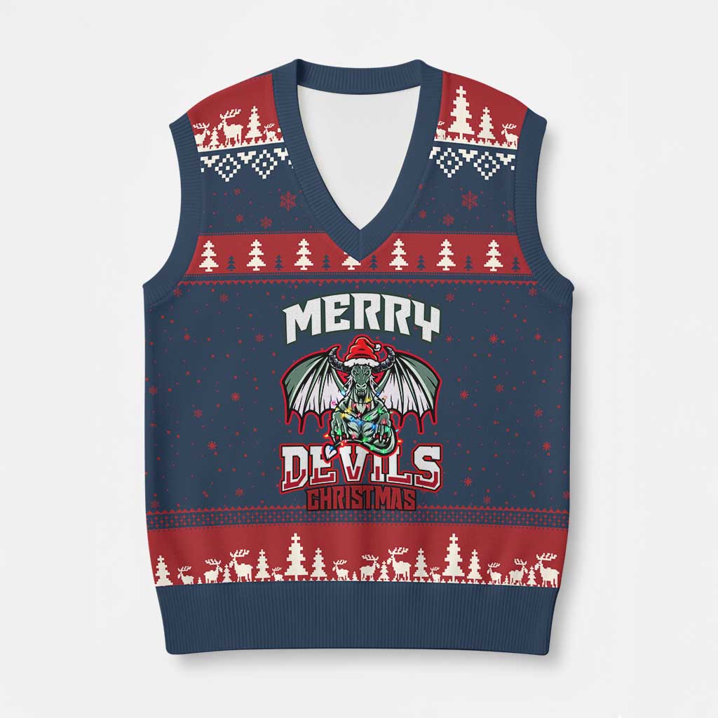 Jersey Devil V-Neck Knit Sweater Vest Merry Devils Xmas Cryptid Gift - Wonder Print Shop
