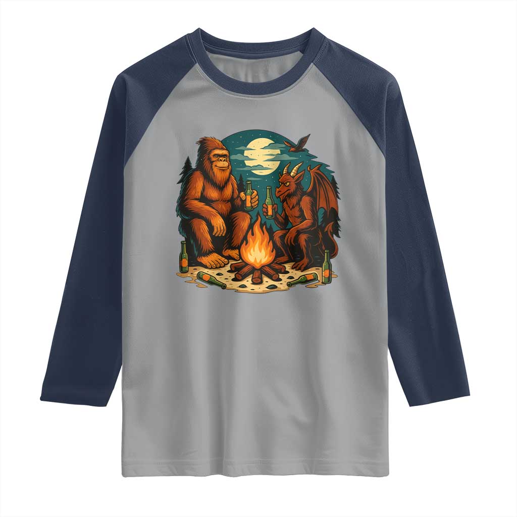 Funny Bigfoot And Jersey Devil Camping Cryptid Gift Raglan Shirt - Wonder Print Shop