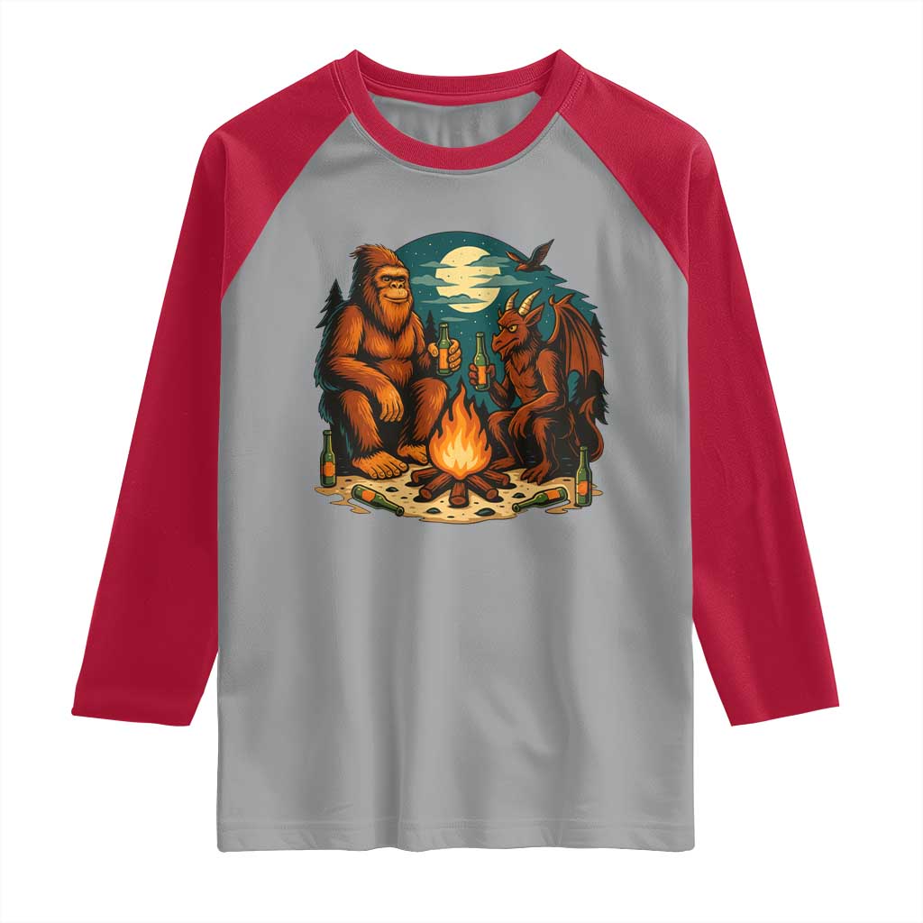 Funny Bigfoot And Jersey Devil Camping Cryptid Gift Raglan Shirt - Wonder Print Shop