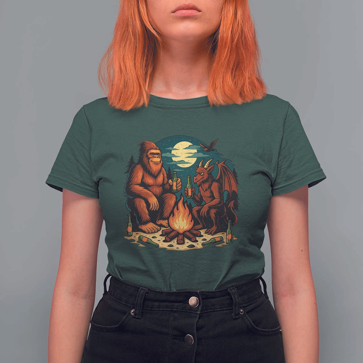 Funny Bigfoot And Jersey Devil Camping Cryptid Gift T Shirt For Women - Wonder Print Shop