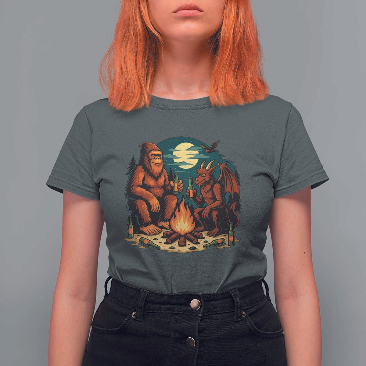 Funny Bigfoot And Jersey Devil Camping Cryptid Gift T Shirt For Women - Wonder Print Shop