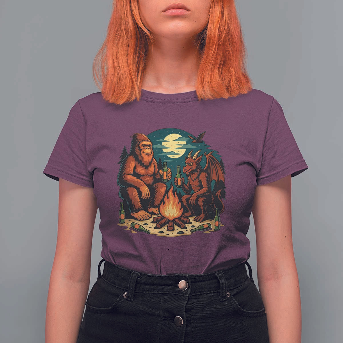Funny Bigfoot And Jersey Devil Camping Cryptid Gift T Shirt For Women - Wonder Print Shop