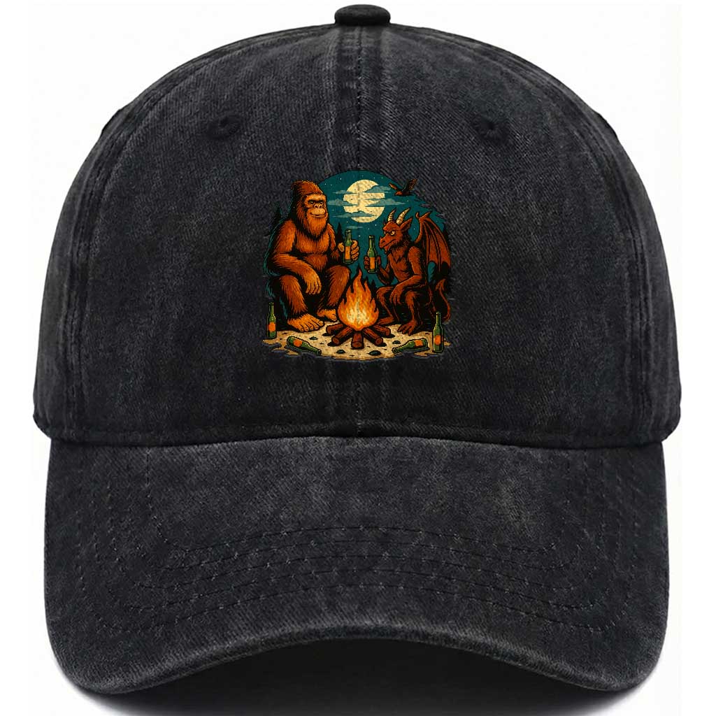 Funny Bigfoot And Jersey Devil Camping Cryptid Gift Washed Cotton Baseball Cap