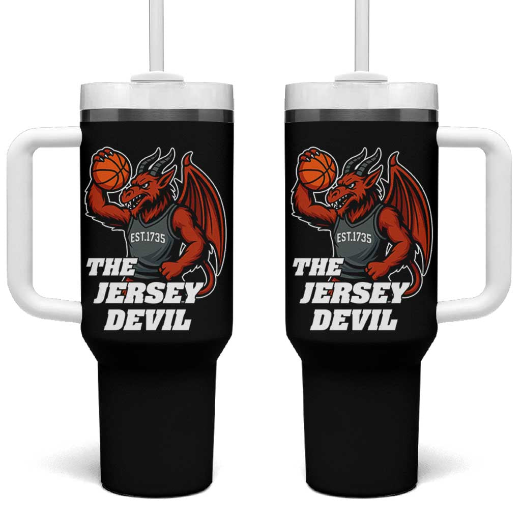 Funny Cryptid Sports Tumbler With Handle Jersey Devil Playing Basketball