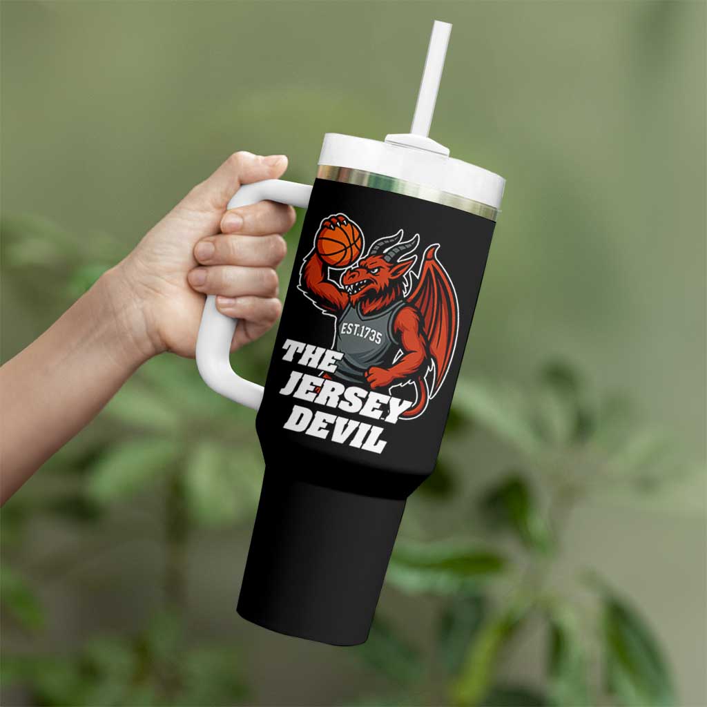 Funny Cryptid Sports Tumbler With Handle Jersey Devil Playing Basketball