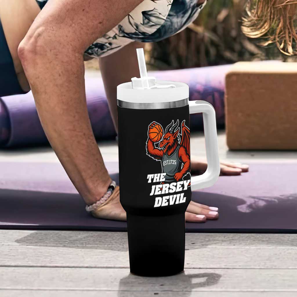 Funny Cryptid Sports Tumbler With Handle Jersey Devil Playing Basketball