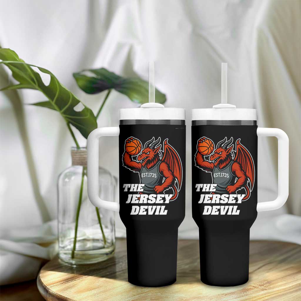 Funny Cryptid Sports Tumbler With Handle Jersey Devil Playing Basketball