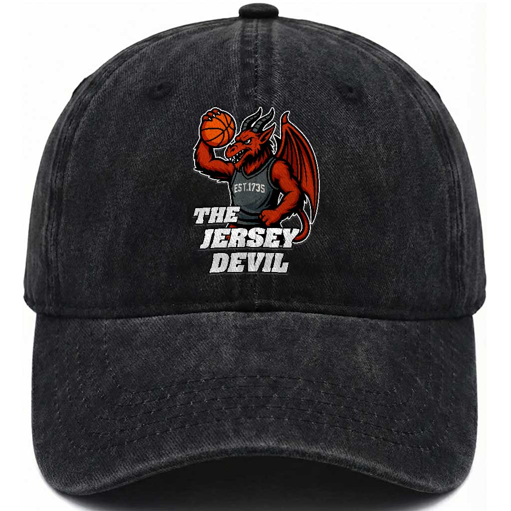 Funny Cryptid Sports Washed Cotton Baseball Cap Jersey Devil Playing Basketball
