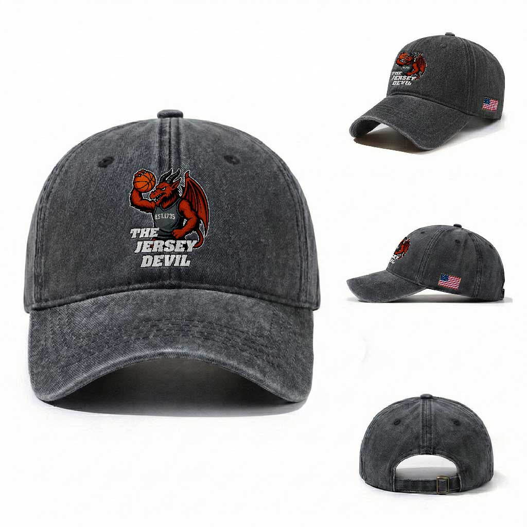 Funny Cryptid Sports Washed Cotton Baseball Cap Jersey Devil Playing Basketball