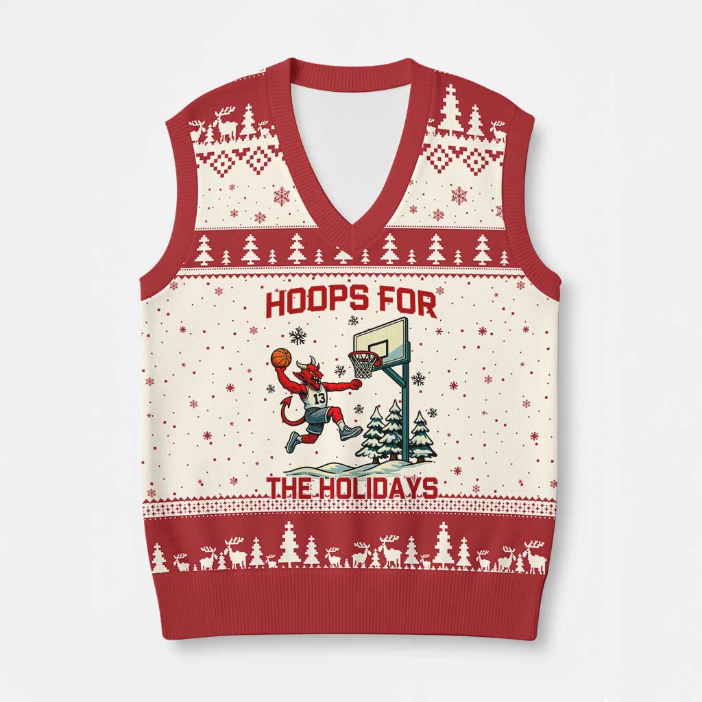 Funny Xmas Basketball Jersey Devil V-Neck Knit Sweater Vest Hoops For The Holidays - Wonder Print Shop