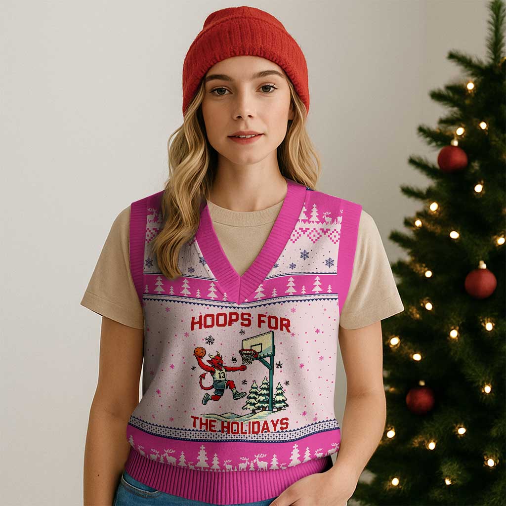 Funny Xmas Basketball Jersey Devil V-Neck Knit Sweater Vest Hoops For The Holidays - Wonder Print Shop