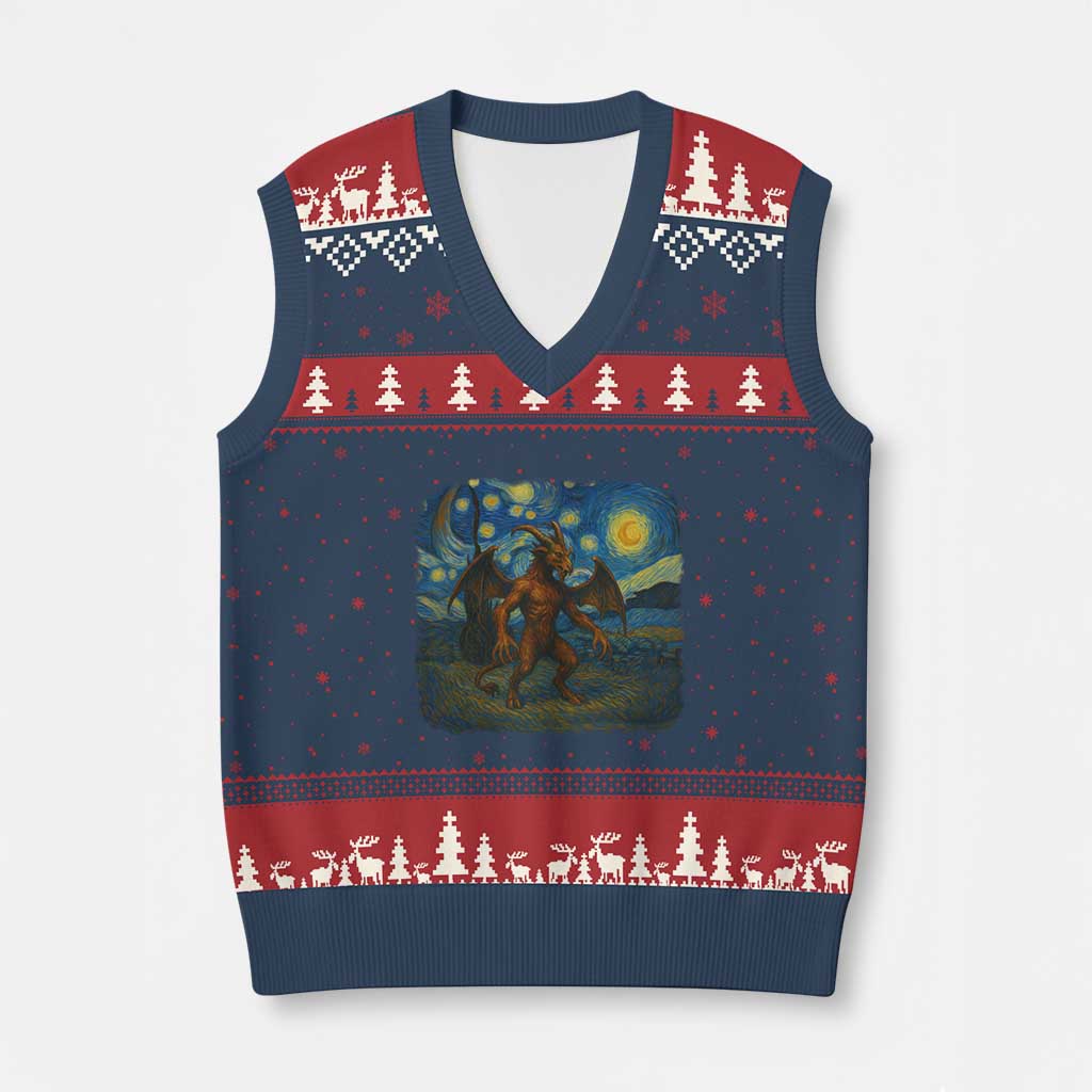 Jersey Devil Starry Night V-Neck Knit Sweater Vest Van Gogh Cryptid Gift - Wonder Print Shop