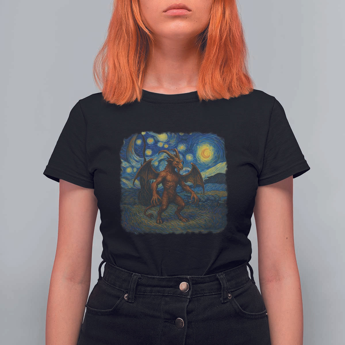 Jersey Devil Starry Night T Shirt For Women Van Gogh Cryptid Gift - Wonder Print Shop