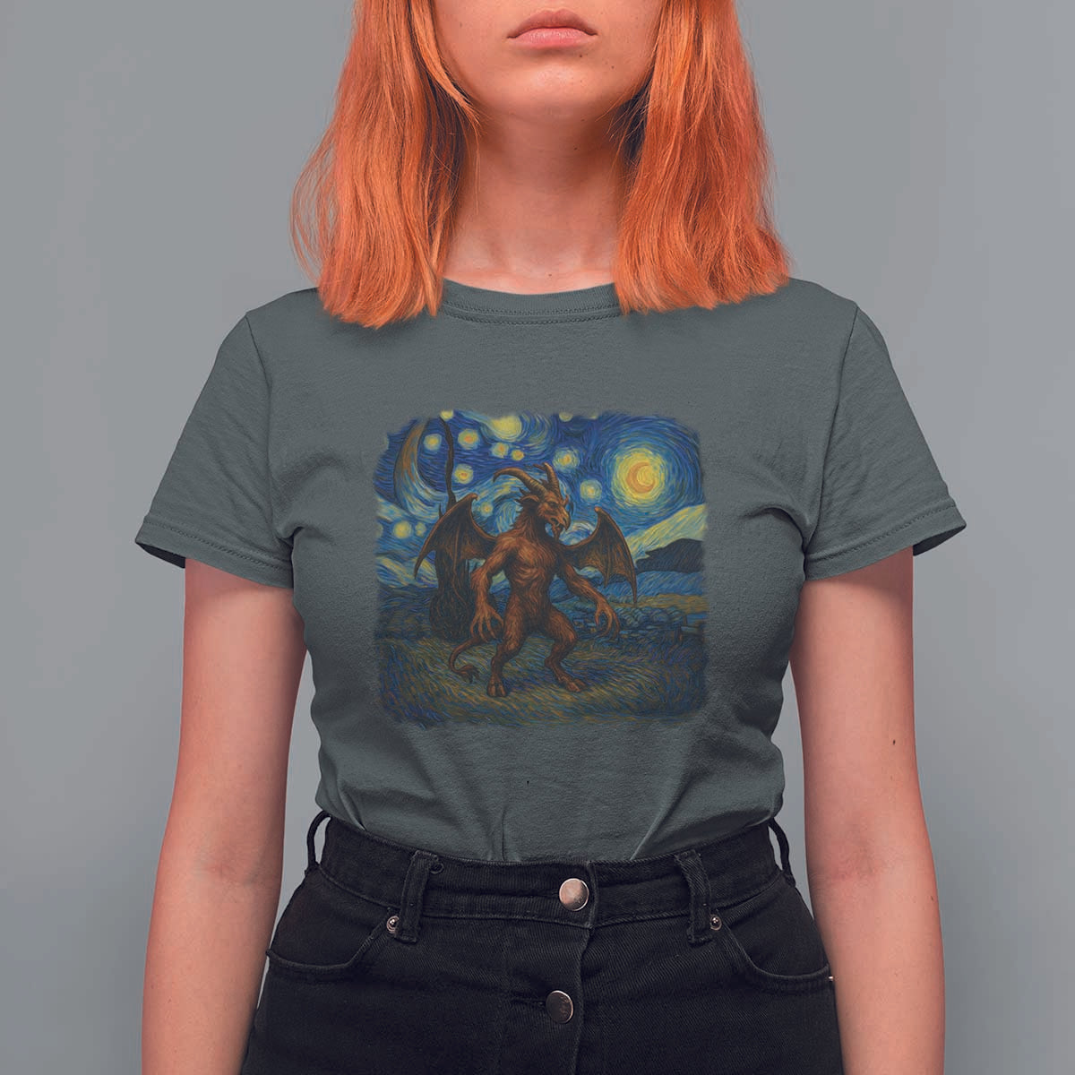 Jersey Devil Starry Night T Shirt For Women Van Gogh Cryptid Gift - Wonder Print Shop