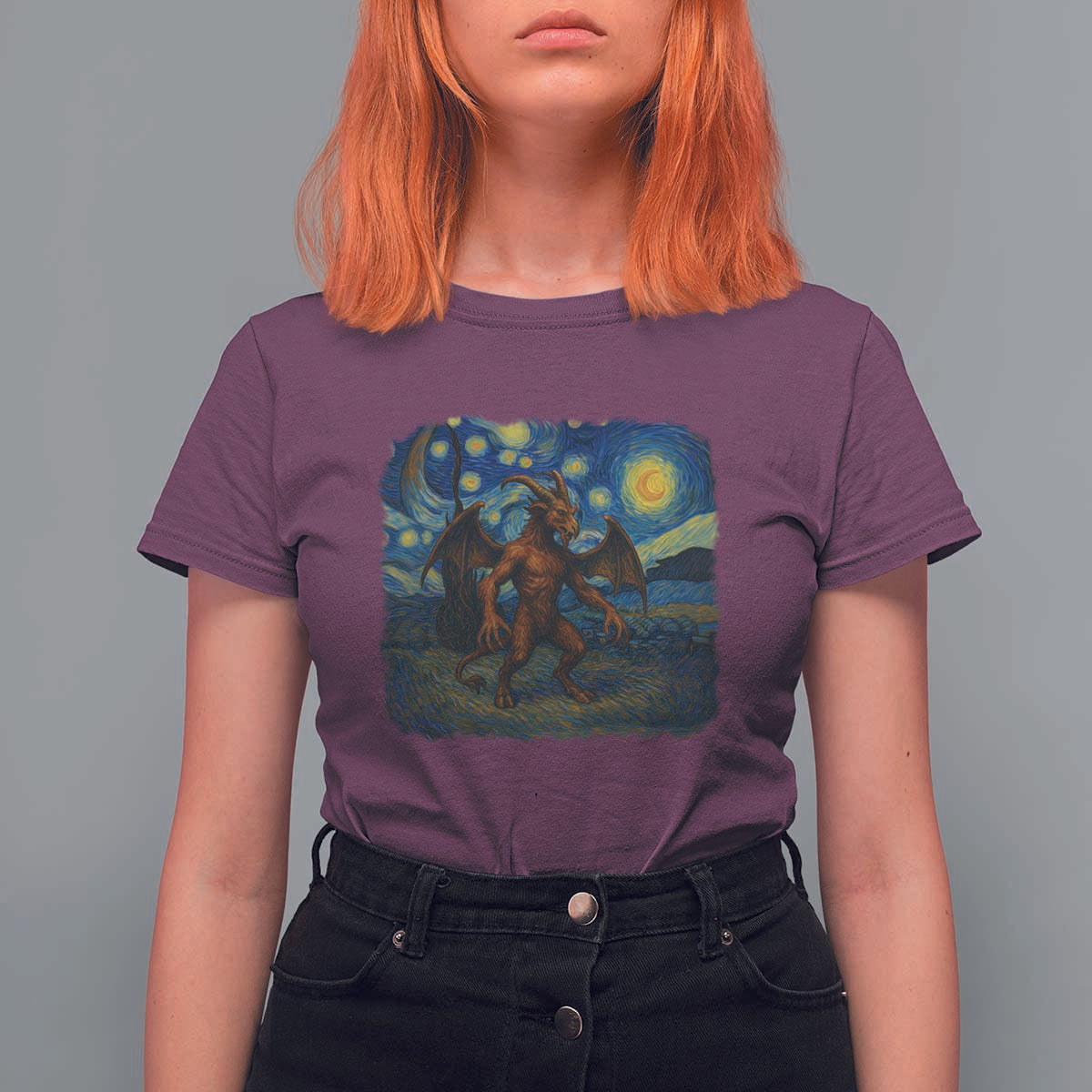 Jersey Devil Starry Night T Shirt For Women Van Gogh Cryptid Gift - Wonder Print Shop