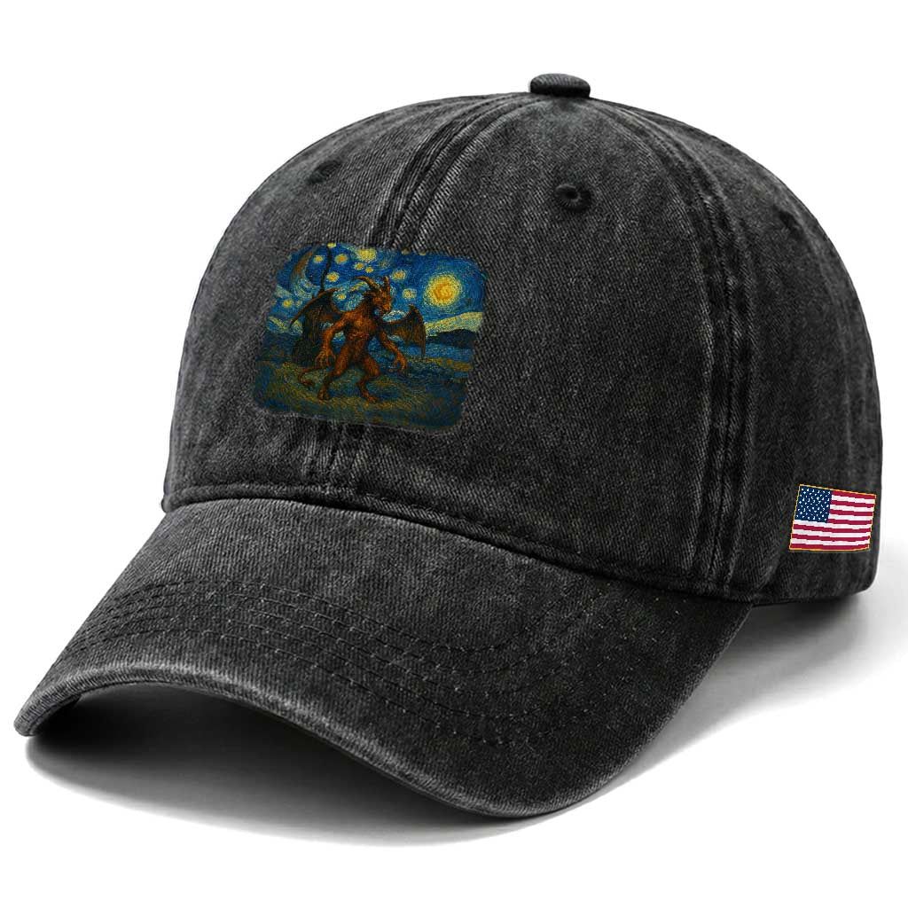 Jersey Devil Starry Night Washed Cotton Baseball Cap Van Gogh Cryptid Gift