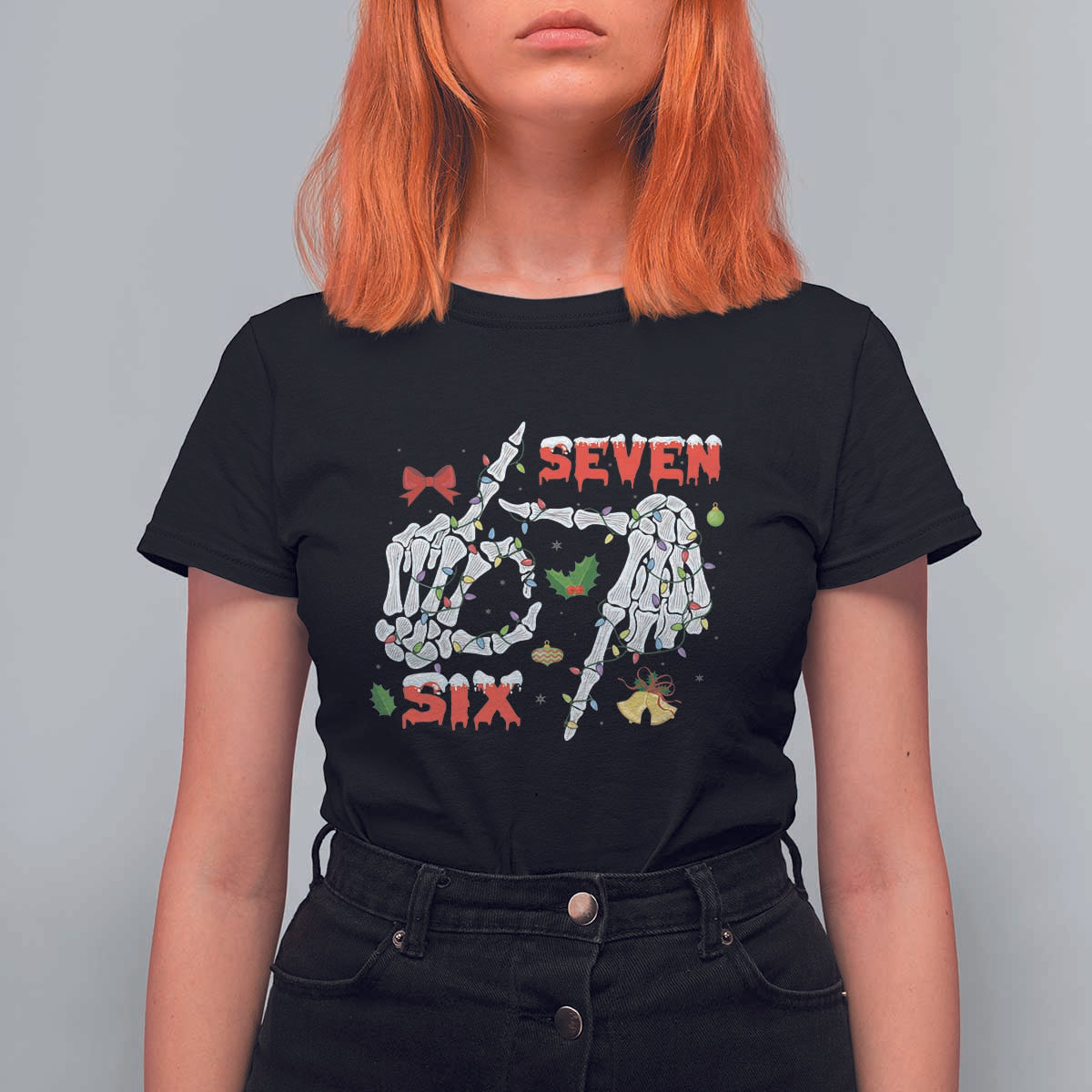 Six And Seven Meme Skeleton T Shirt For Women Funny Trendy Christmas Party Gift - Wonder Print Shop