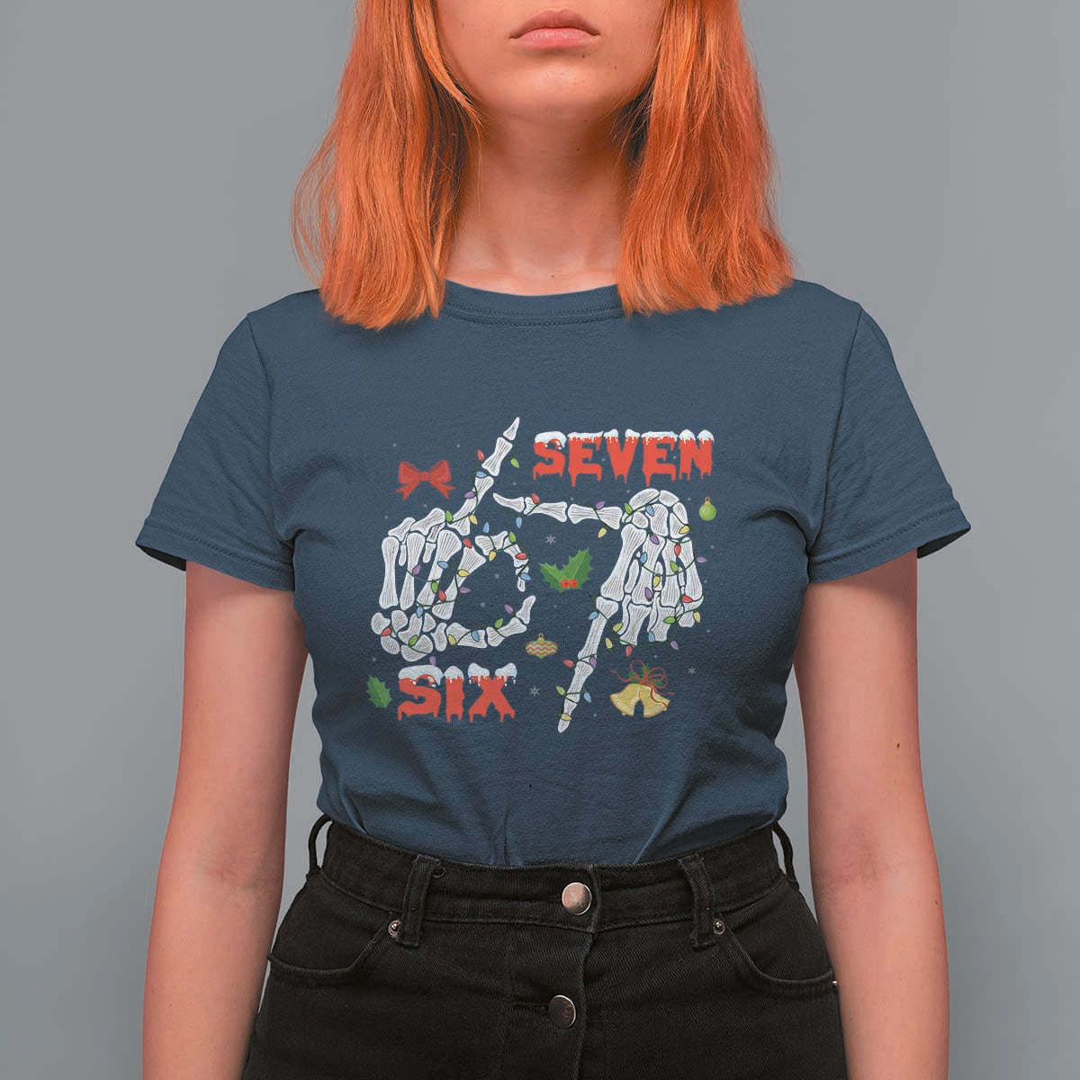 Six And Seven Meme Skeleton T Shirt For Women Funny Trendy Christmas Party Gift - Wonder Print Shop